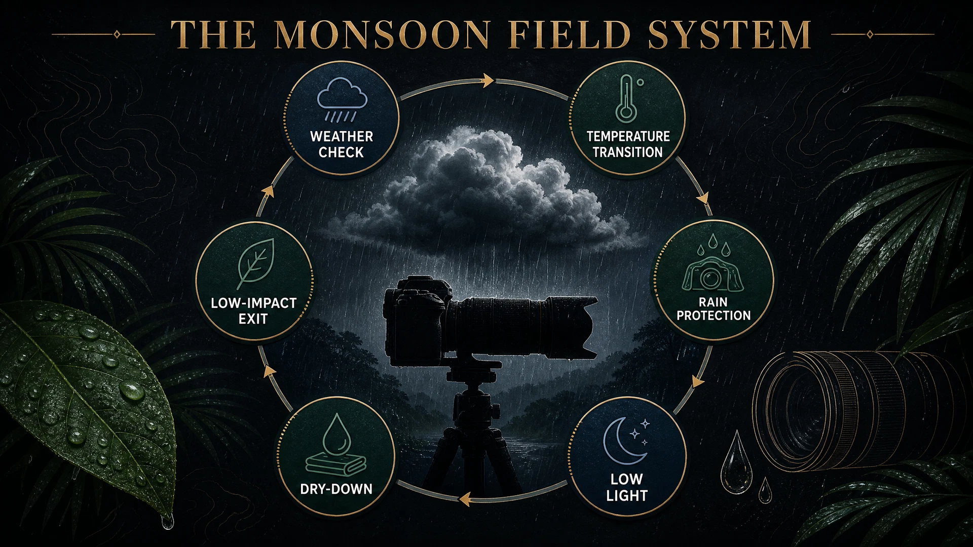 A circular editorial infographic showing the monsoon wildlife field system from weather check through rain protection, low-light decisions, dry-down, and low-impact exit