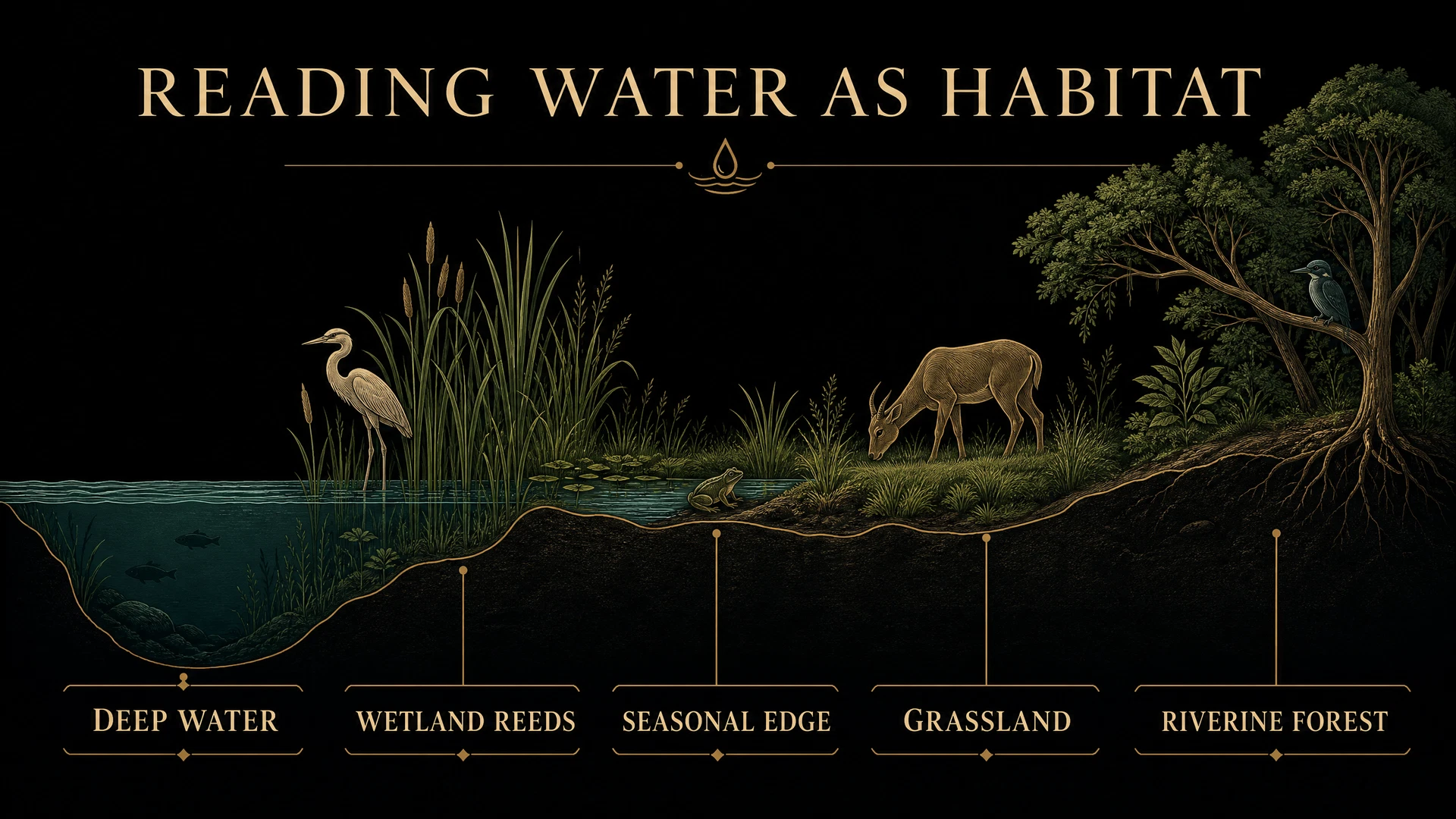 A cross-sectional editorial infographic showing deep water, wetland reeds, a seasonal edge, grassland, and riverine forest as connected wildlife habitat